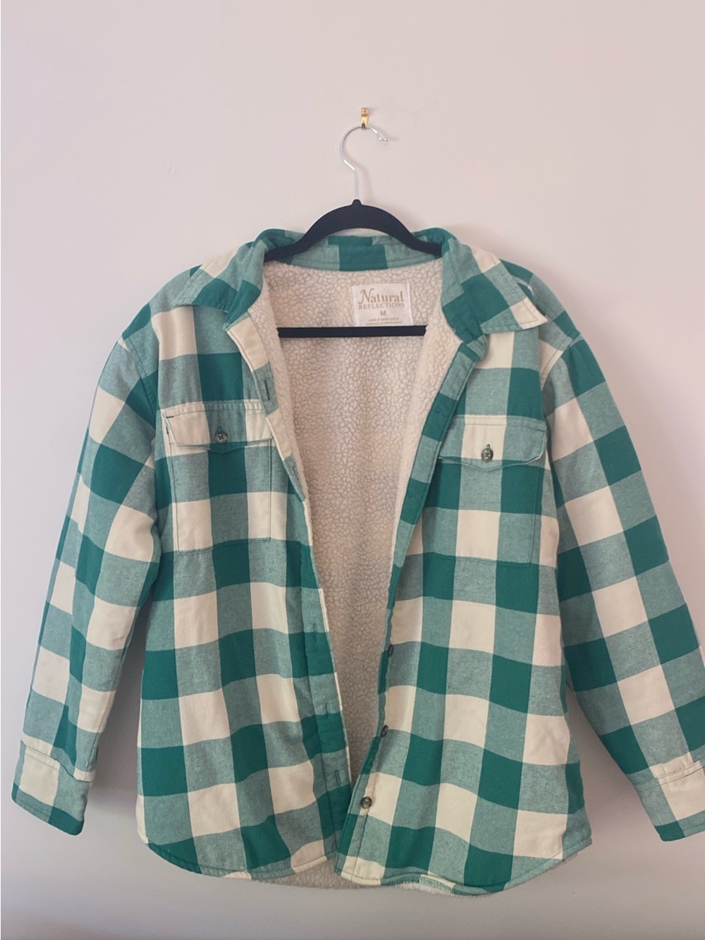 Natural Reflections Teal and Cream Sherpa-Lined Plaid Shirt Jacket